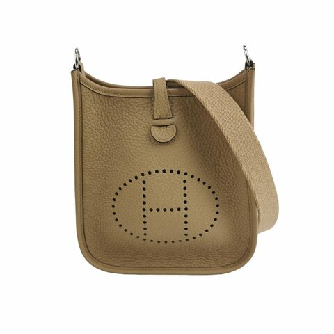 Hermes Evelyne 16鏤空斜背包單肩包Clemence(TC)牛皮銀扣1C塵土色K刻