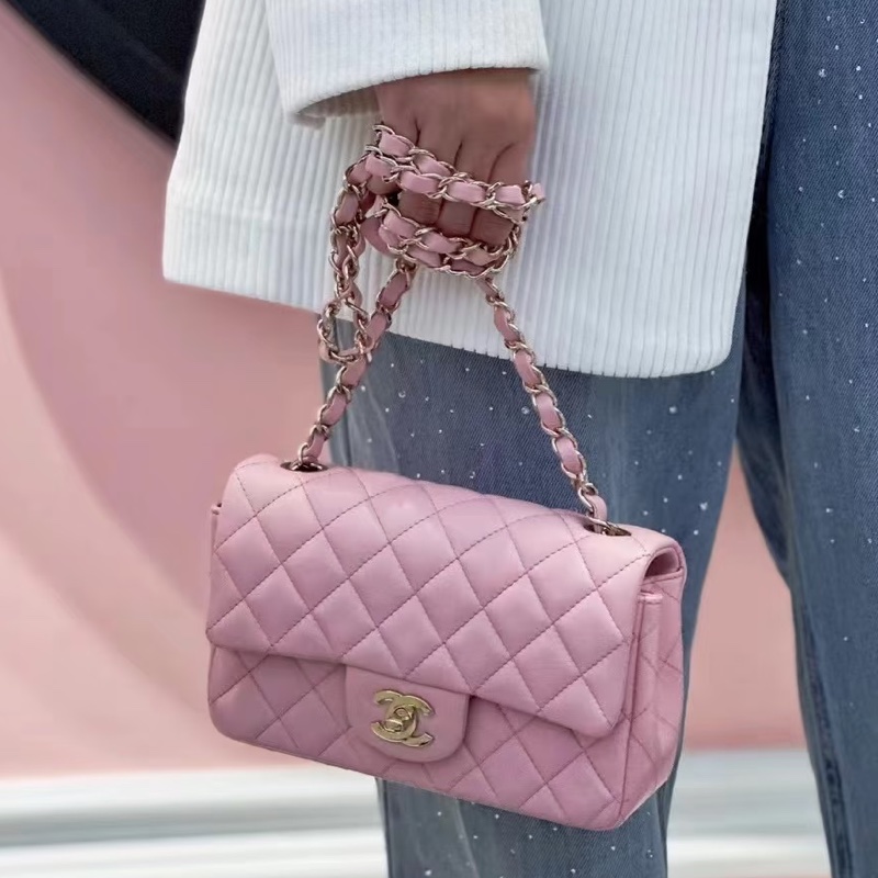 CHANEL香奈兒 🧥冷調玫瑰粉金球 CF大mini鏈條包 尺寸:20*13*7-4