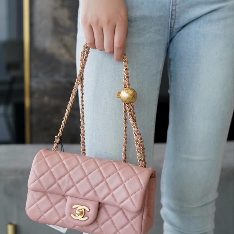 CHANEL香奈兒 🧥冷調玫瑰粉金球 CF大mini鏈條包 尺寸:20*13*7-21
