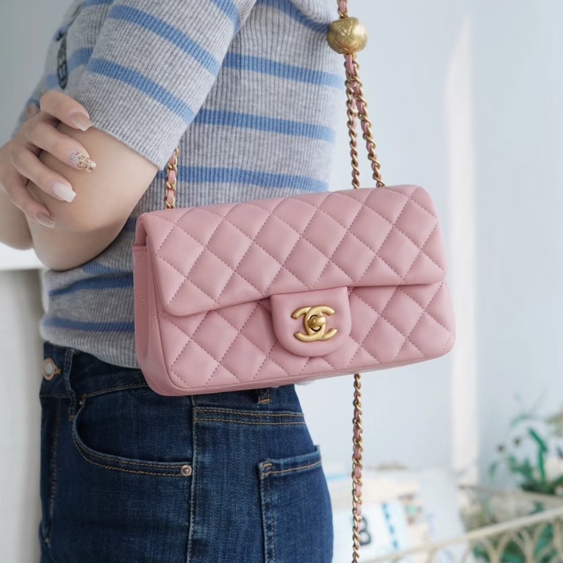 CHANEL香奈兒 🧥冷調玫瑰粉金球 CF大mini鏈條包 尺寸:20*13*7-23