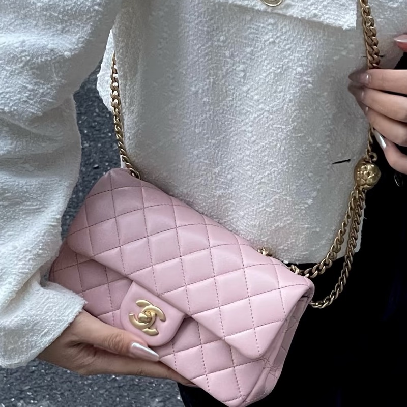 CHANEL香奈兒 🧥冷調玫瑰粉金球 CF大mini鏈條包 尺寸:20*13*7-24