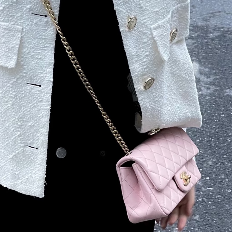 CHANEL香奈兒 🧥冷調玫瑰粉金球 CF大mini鏈條包 尺寸:20*13*7-25