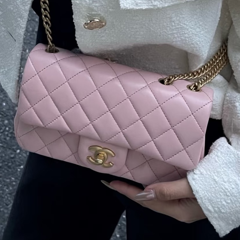 CHANEL香奈兒 🧥冷調玫瑰粉金球 CF大mini鏈條包 尺寸:20*13*7-26