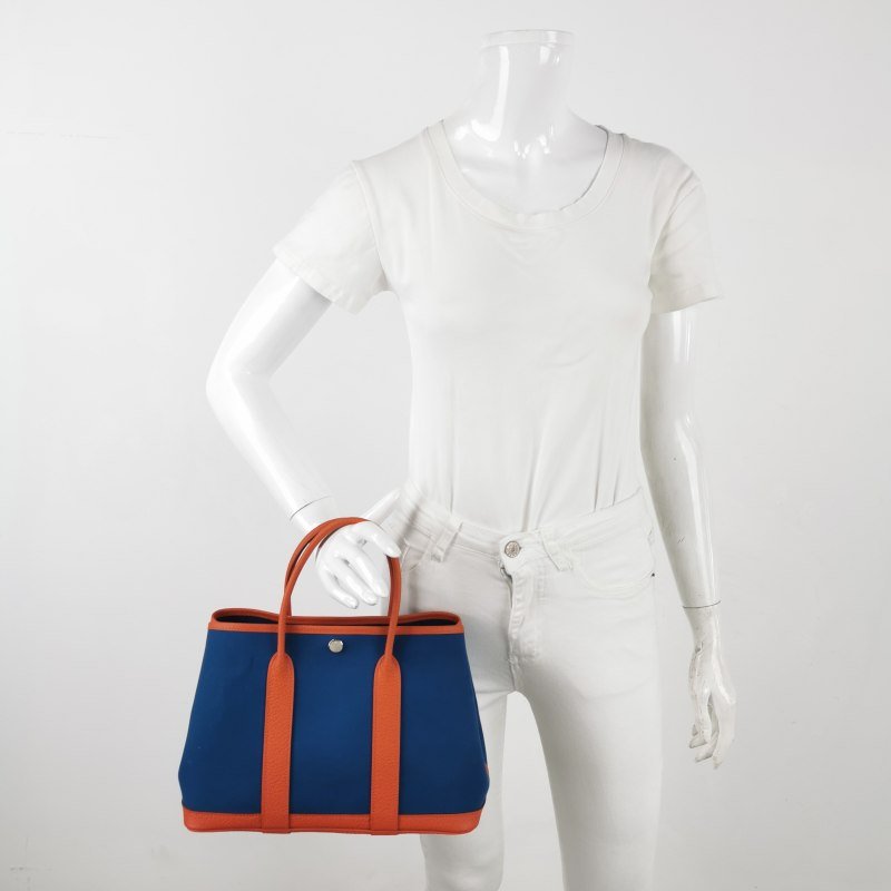 Hermes Garden Party花園包30手提包帆布Negonda牛皮銀扣8V罌粟橙藍色X刻-1