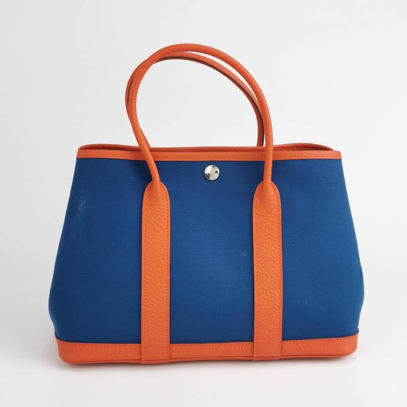 Hermes Garden Party花園包30手提包帆布Negonda牛皮銀扣8V罌粟橙藍色X刻-4