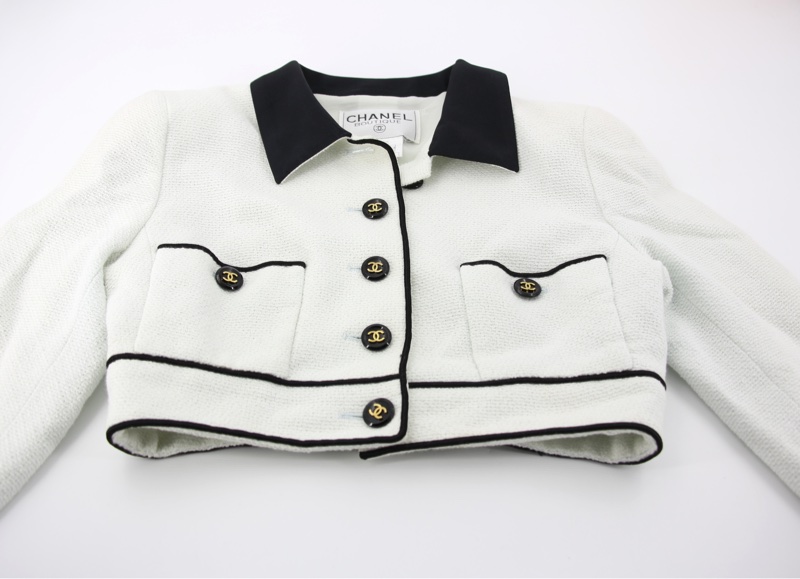 Chanel Vintage P95 羊毛Coco紐扣白色淺綠色短版外套-7