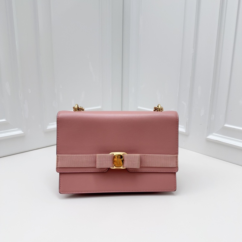 98新Ferragamo菲拉格慕 Vara蝴蝶結包 深粉色牛皮+金屬鏈條 蝴蝶結+琥珀色寶石扣-1