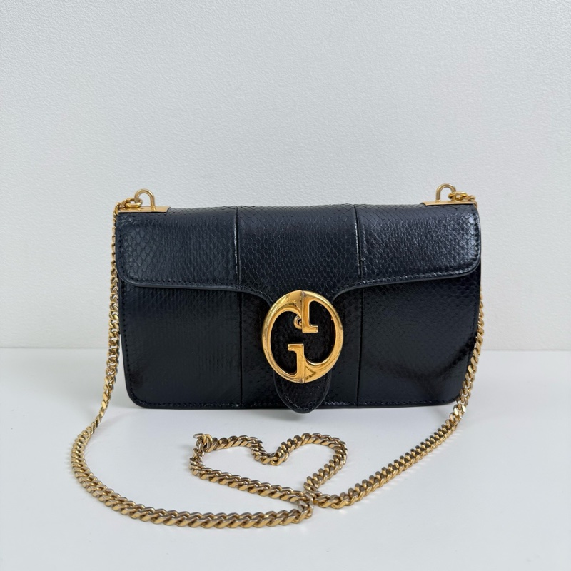 Gucci/古馳 蛇皮黑色鏈條斜挎包 金扣-0