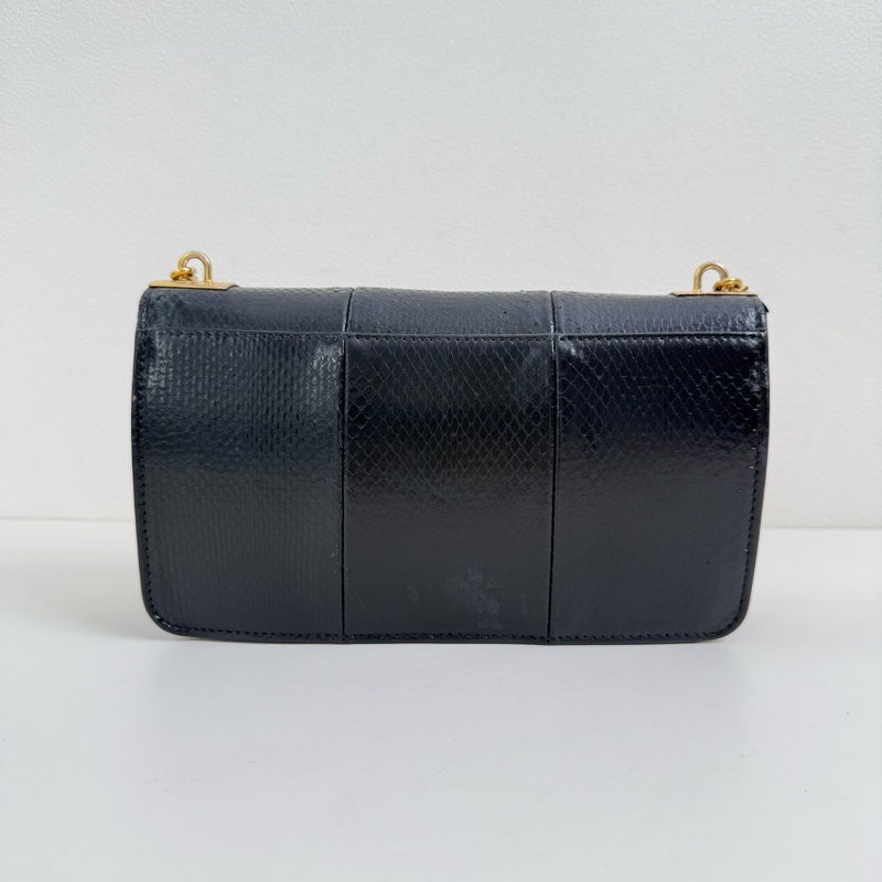 Gucci/古馳 蛇皮黑色鏈條斜挎包 金扣-2