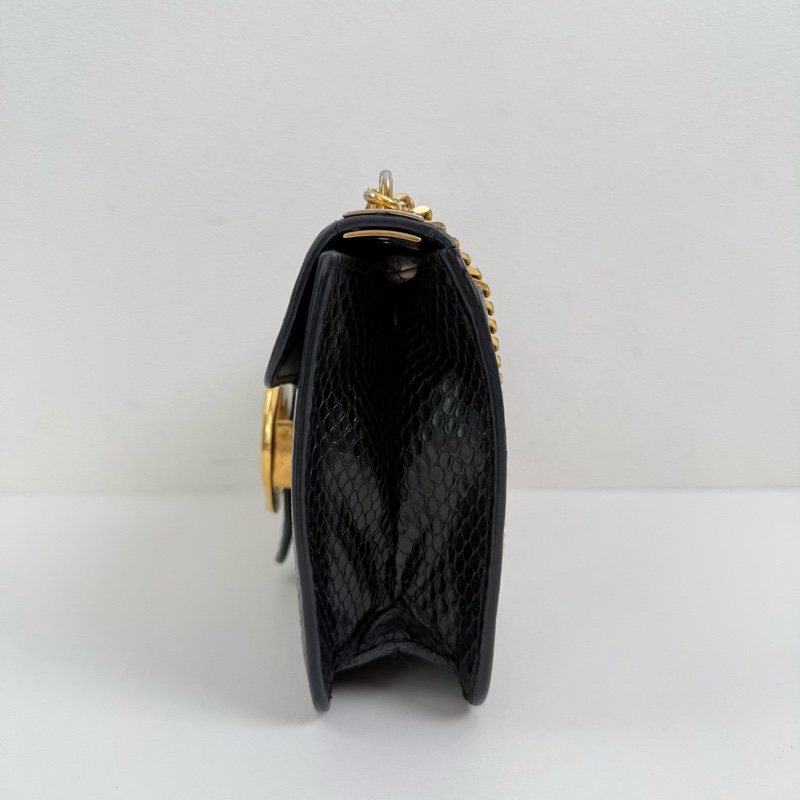 Gucci/古馳 蛇皮黑色鏈條斜挎包 金扣-3