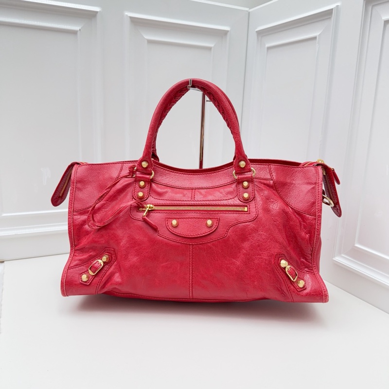 99新Balenciaga巴黎世家經典大號機車包 草莓紅金扣 復古油蠟皮自帶做舊光澤 金扣點綴貴氣十足 手提/斜挎雙-6