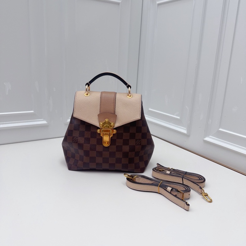 98新LV路易威登經典棋盤格拼奶油白雙肩包  復古金扣點睛-0