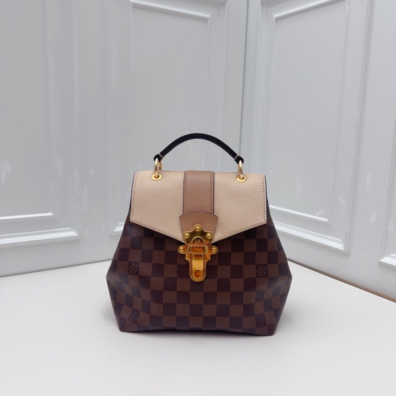 98新LV路易威登經典棋盤格拼奶油白雙肩包  復古金扣點睛-6