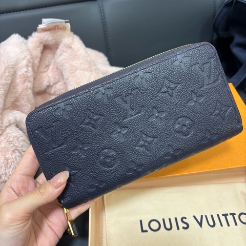 LV藍色牛皮老花壓紋拉鏈長夾