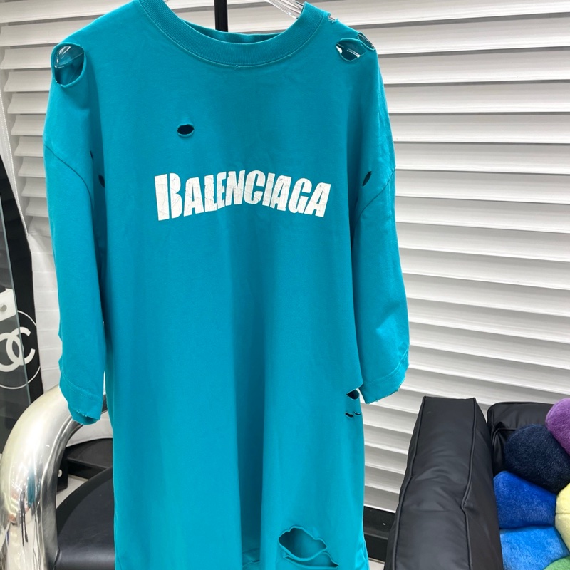 Balenciaga巴黎世家 字母大破坏蓝色短袖-0