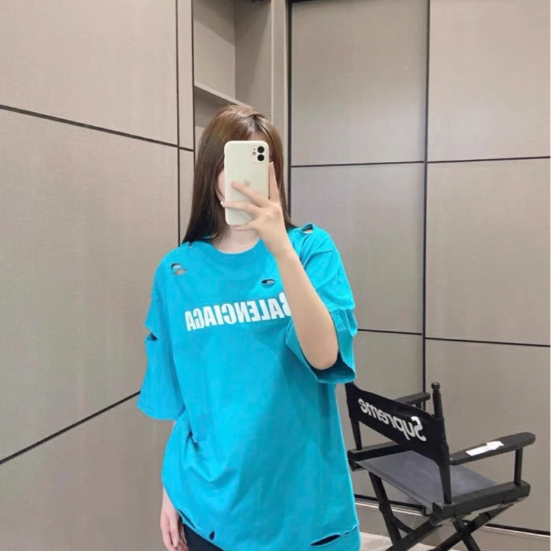Balenciaga巴黎世家 字母大破坏蓝色短袖-3