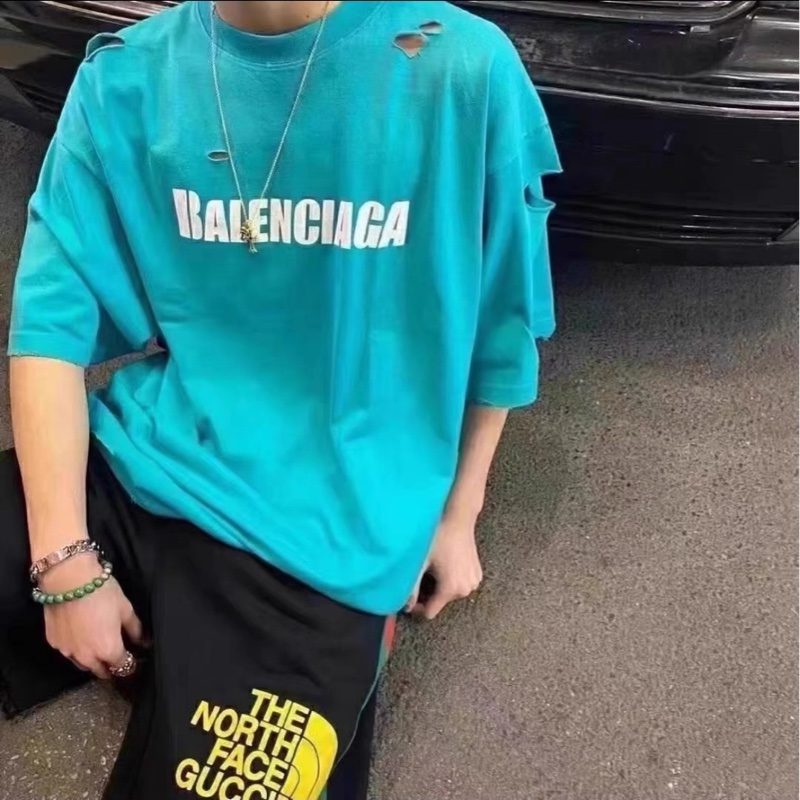 Balenciaga巴黎世家 字母大破坏蓝色短袖-4
