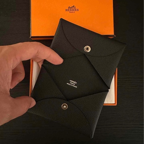 全新！愛馬仕 Hermès Calvi 黑色雙層卡包｜銀釦｜附盒