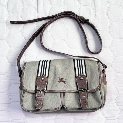 BURBERRY 少見 真皮帆布拼接 郵差包 卡其色 Vintage