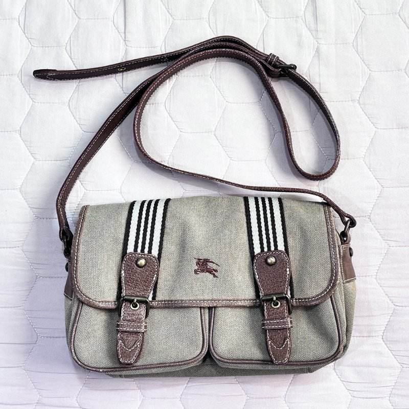 BURBERRY 少見 真皮帆布拼接 郵差包 卡其色 Vintage-0