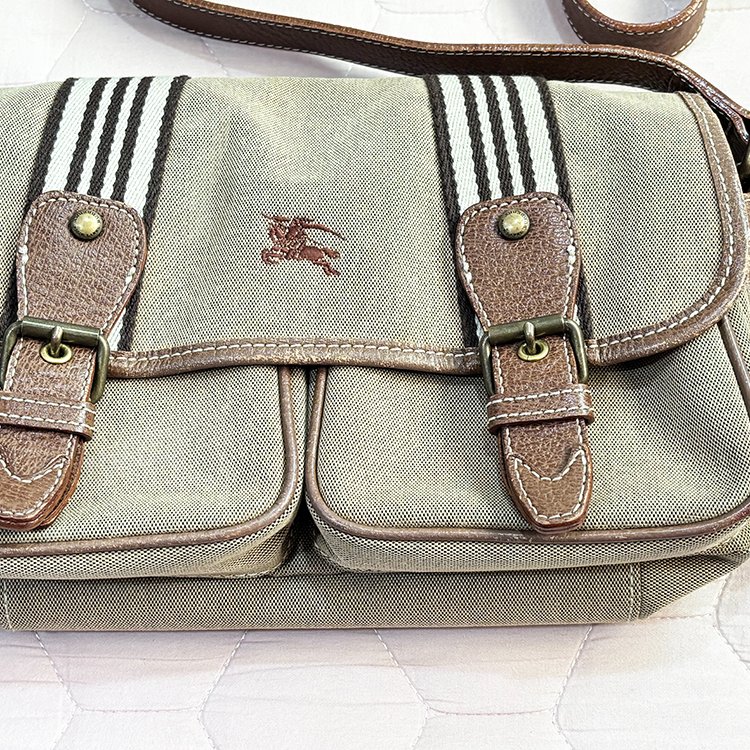 BURBERRY 少見 真皮帆布拼接 郵差包 卡其色 Vintage-5