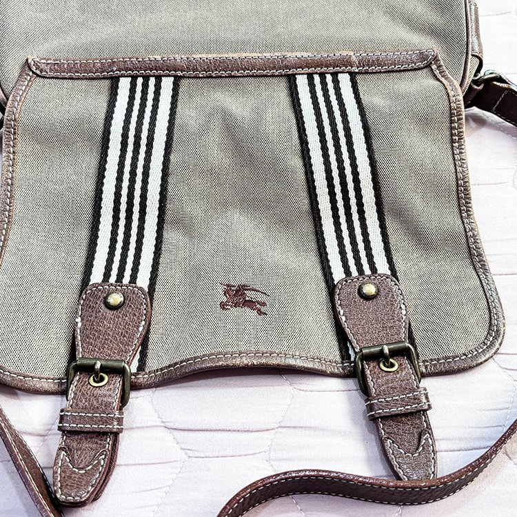BURBERRY 少見 真皮帆布拼接 郵差包 卡其色 Vintage-14