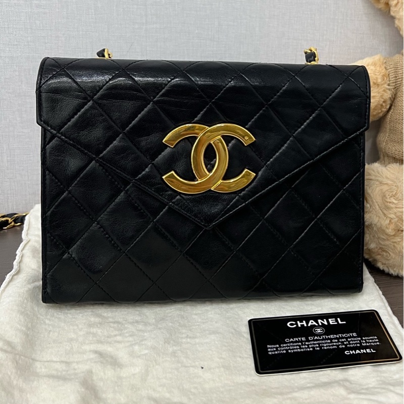 Chanel/香奈兒 中古大logo黑金信封方胖子 0開有卡 21*15-0