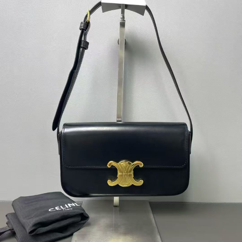 Celine Triomphe 黑金亮面小牛皮腋下包 99新 20.5*11 配件塵袋-2