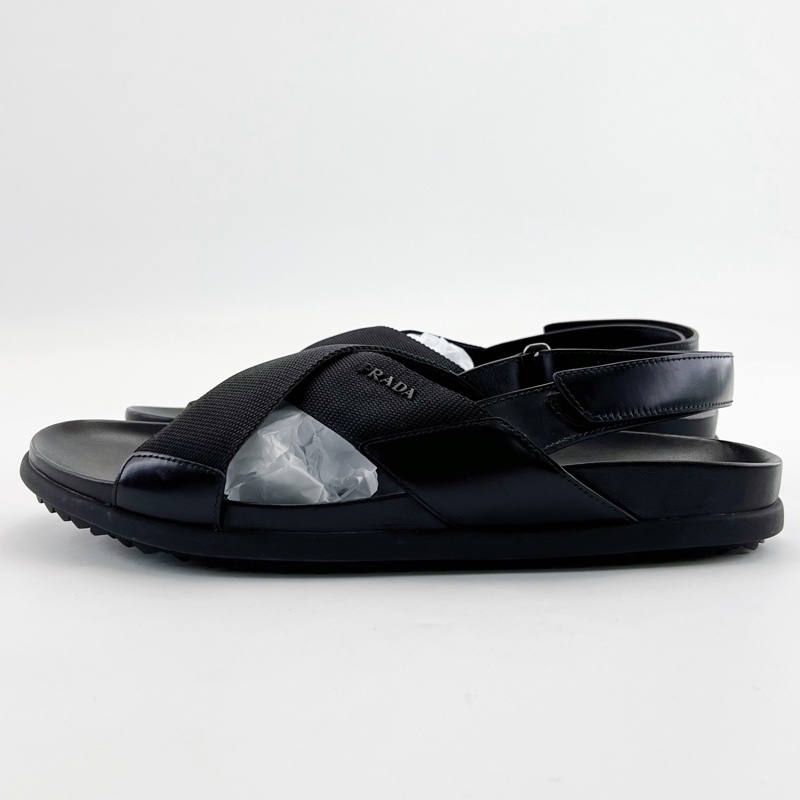 閒置未使用Prada普拉達/黑色圓頭交叉帶平底涼鞋 尺碼:43碼附件:盒-0