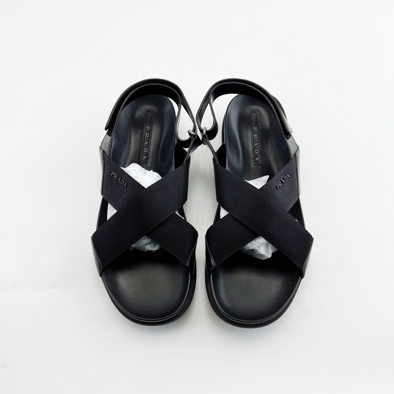 閒置未使用Prada普拉達/黑色圓頭交叉帶平底涼鞋 尺碼:43碼附件:盒-1