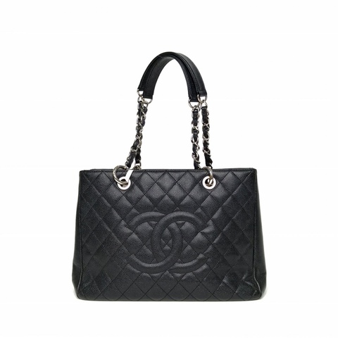 CHANEL GST購物袋小號黑色荔枝牛皮15開銀扣