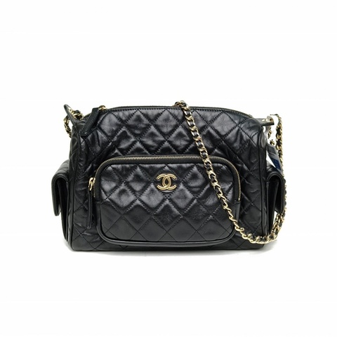 CHANEL 24K保齡球大號黑色牛皮晶片開淺金扣