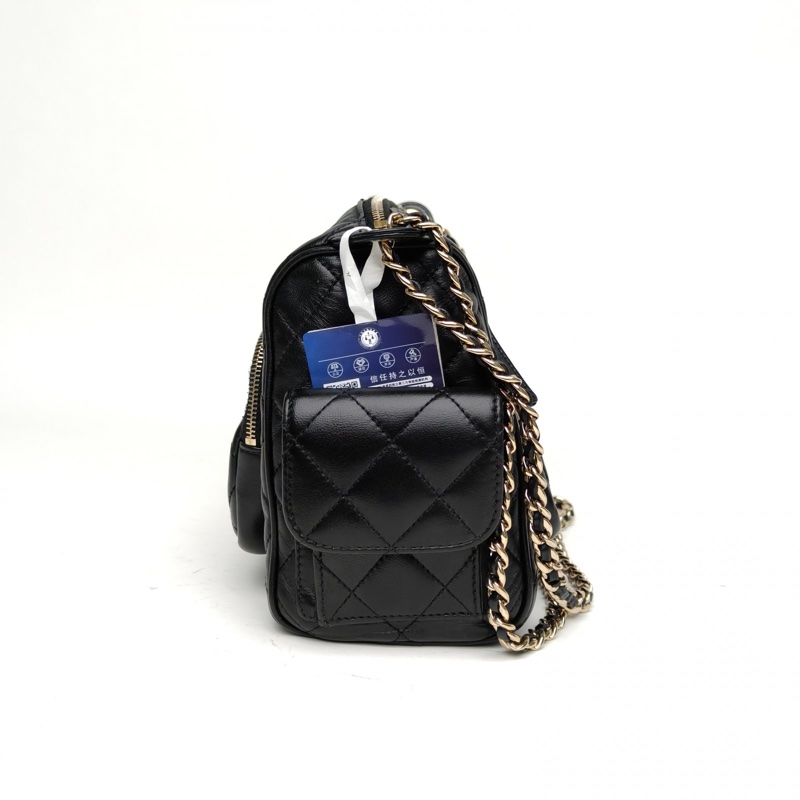 CHANEL 24K保齡球大號黑色牛皮晶片開淺金扣-1