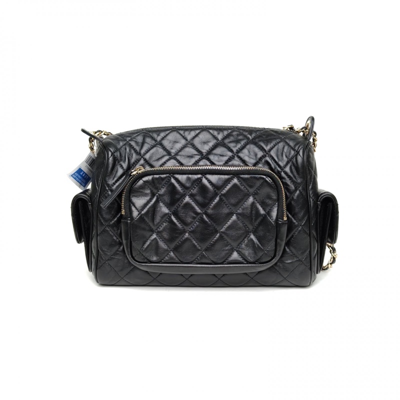 CHANEL 24K保齡球大號黑色牛皮晶片開淺金扣-2