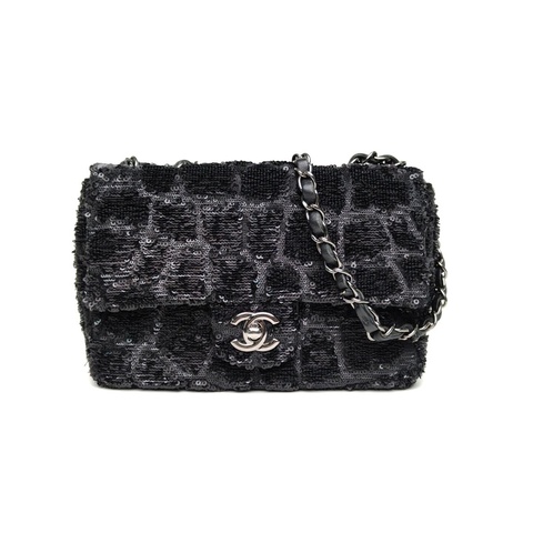 CHANEL CF口蓋包大Mini20cm黑色珠片28開鎢鋼扣