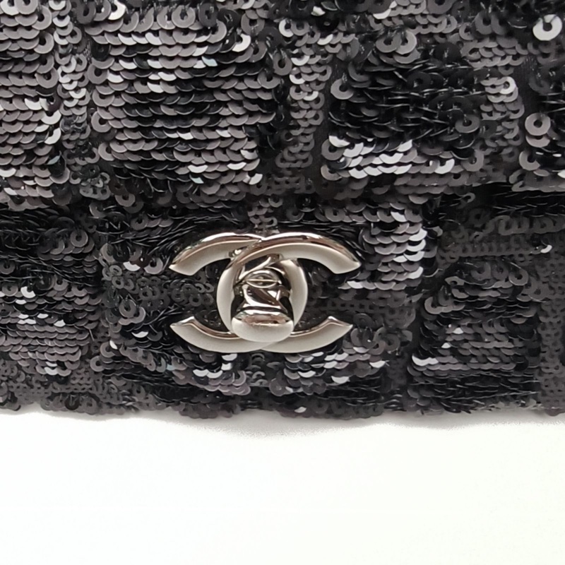 CHANEL CF口蓋包大Mini20cm黑色珠片28開鎢鋼扣-4