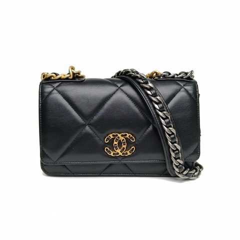 CHANEL 19BAG吸扣WOC19cm黑色羊皮30開金銀扣