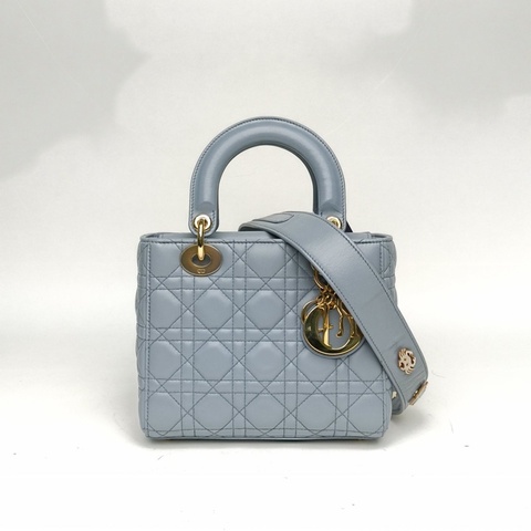 DIOR LadyDior戴妃包四格徽章肩帶藍色羊皮金扣