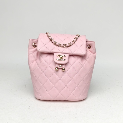CHANEL 薩爾茨堡雙肩包小號粉色荔枝牛皮晶片開金扣