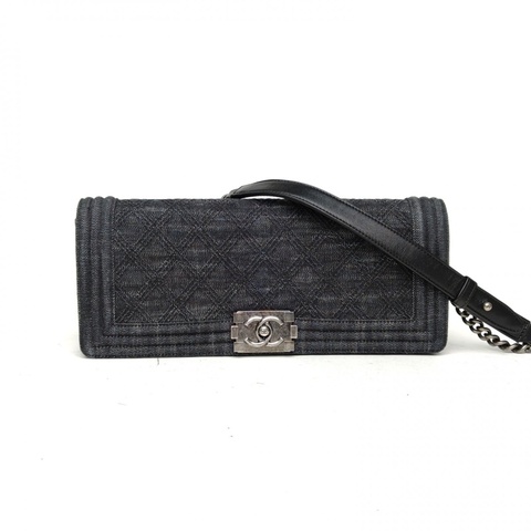 CHANEL 黑色牛仔銀扣LEBOY橫板east-west腋下包法棍包