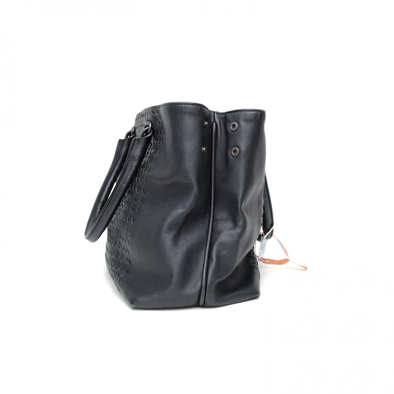 BOTTEGA VENETA 黑色羊皮鎢鋼扣BV單肩包手提托特包-1