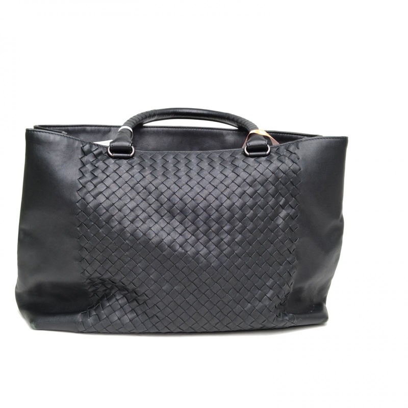 BOTTEGA VENETA 黑色羊皮鎢鋼扣BV單肩包手提托特包-2