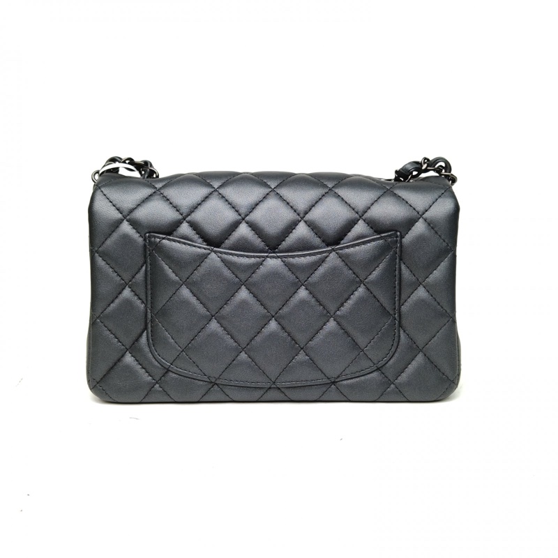 CHANEL CF口蓋包大Mini20cm黑色羊皮晶片開黑扣-2