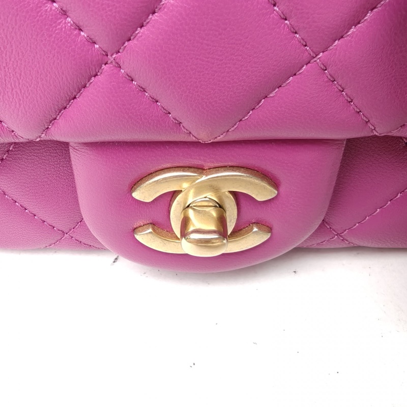 CHANEL CF口蓋包方胖子紫色羊皮30開金扣金球調節扣肩帶-4