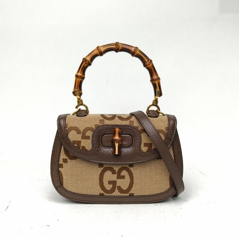 GUCCI Bamboo竹節手柄手提包小號棕色帆布金扣
