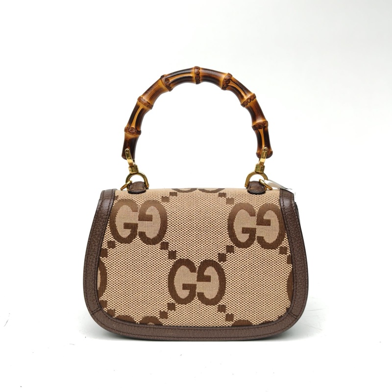 GUCCI Bamboo竹節手柄手提包小號棕色帆布金扣-2