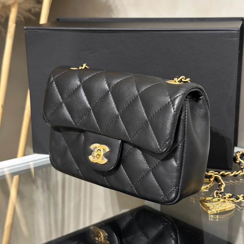CHANEL 經典口蓋包Mini CF20 - 愛心鍊條黑金-4