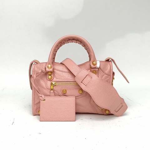 BALENCIAGA CityMini24機車包粉色羊皮金扣