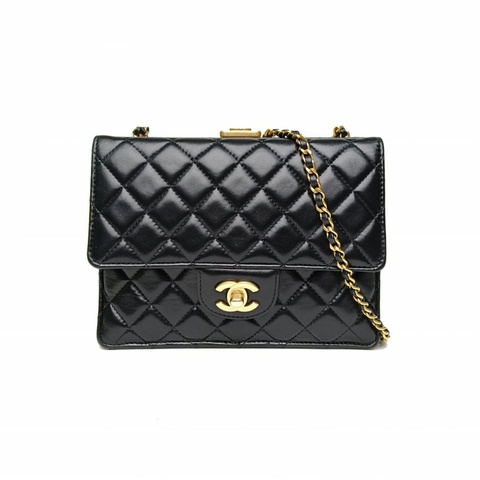 CHANEL 黑色羊皮晶片開金扣23K蛙口晚宴包鏈條包