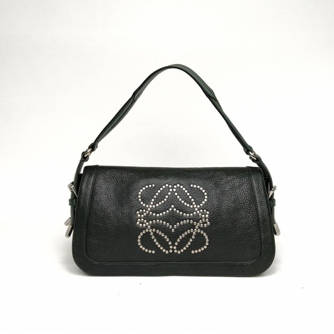 LOEWE 墨綠色牛皮銀扣中古鉚釘大logo單肩包